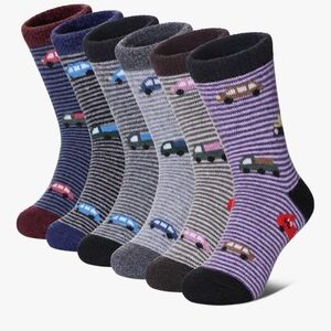 6 Pairs Kids Merino Wool Socks Thermal Winter Crew Socks Cars Trucks
